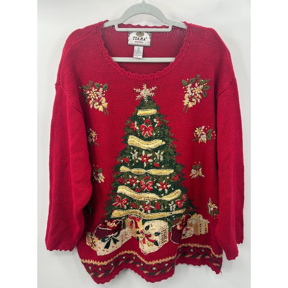 Vintage Knit Womens Embroidered Embellished Ugly Christmas Tree Sweater 22 24